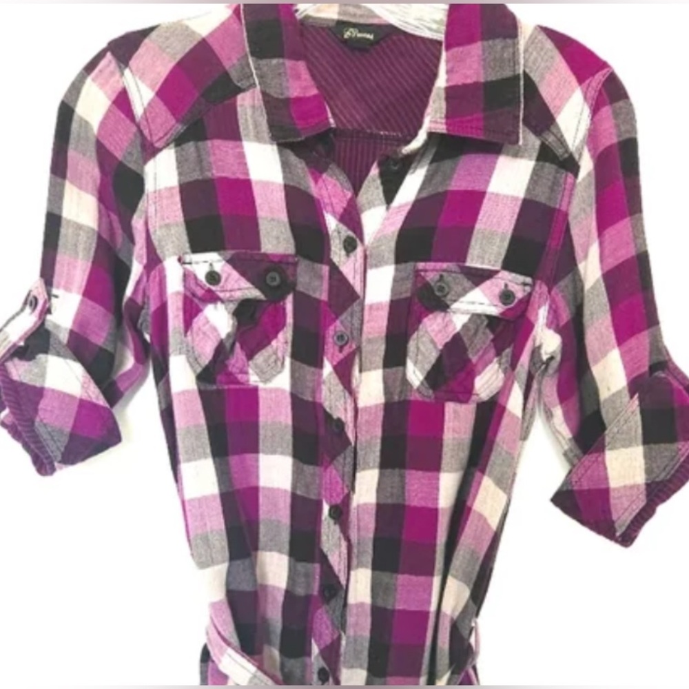 Guess Checkered Y2K Button-Up Cotton Shirt L Pink Black Roll Tab Sleeves